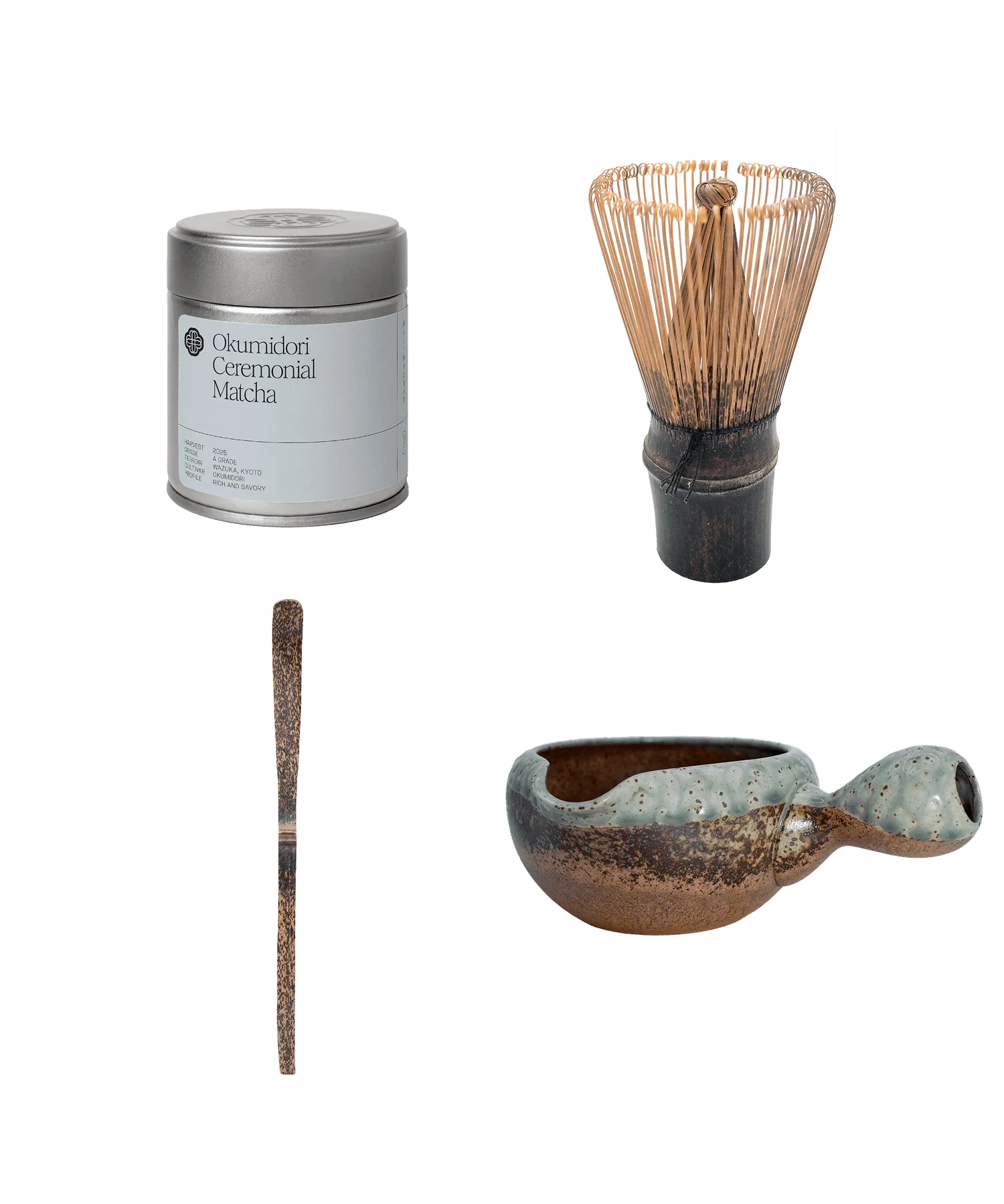 Okumidori matcha essential set with dark bamboo chasen, chashaku and yuzamashi, Slow Social Club