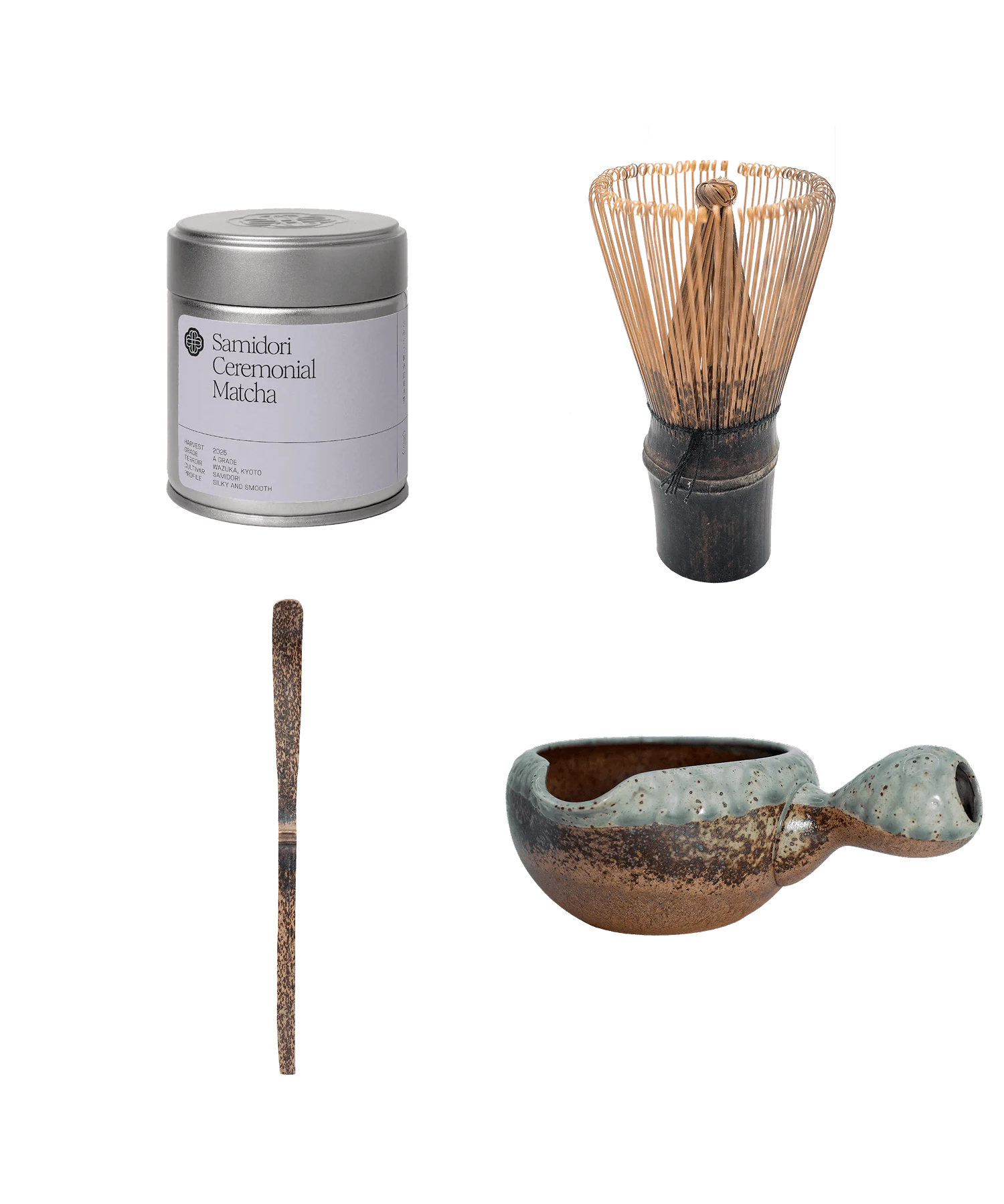 Samidori matcha essential set with dark bamboo chasen, chashaku and yuzamashi, Slow Social Club